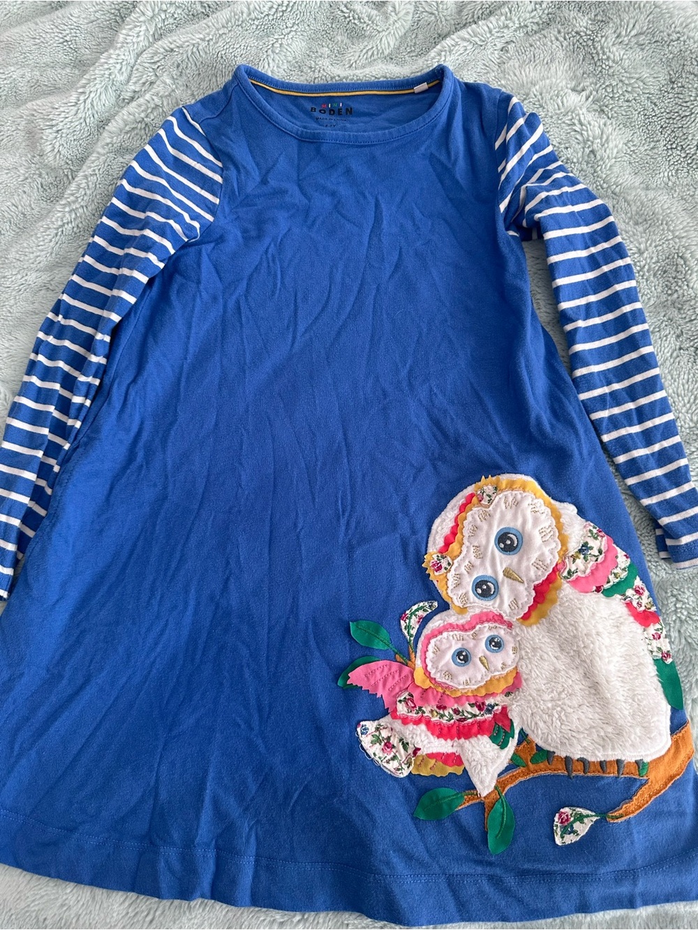 Mini Boden Royal Blue Long-Sleeve Dress with Striped Sleeves & Owl Appliqué